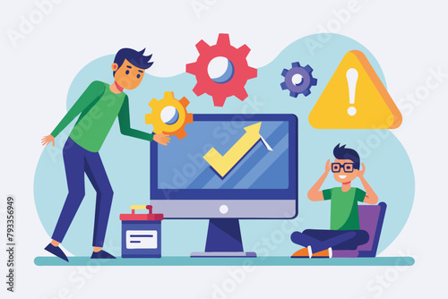 Two individuals are focused on a computer screen, identifying and fixing errors in the system, workers are fixing computer errors, Simple and minimalist flat Vector Illustration