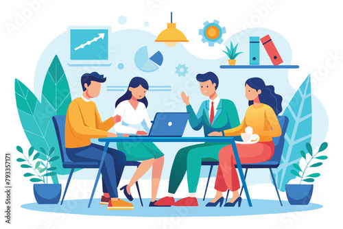 Group of People Sitting at Table With Laptop, Workers are sitting at the negotiating table, collective thinking and brainstorming, company information analytics, Simple and minimalist flat Vector Illu