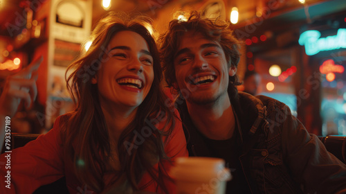 A man and woman laughing and enjoying time together in a cozy restaurant with ambient lighting.