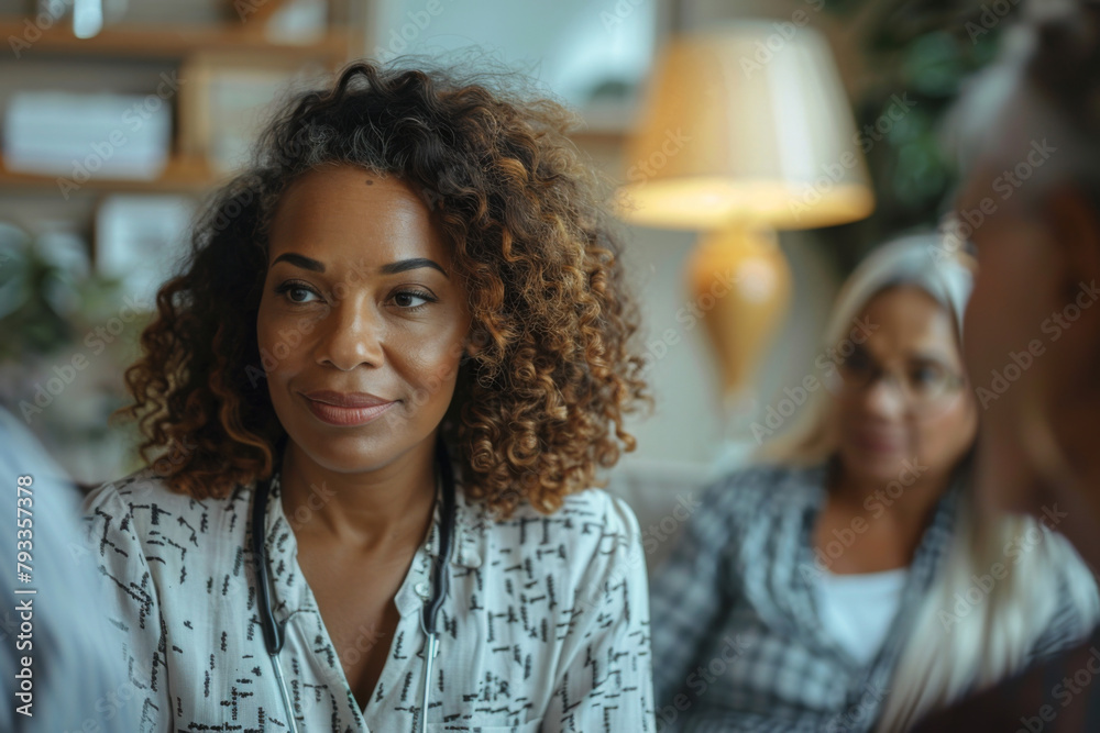 Cinematic wide shot of a focused social worker listening to clients in a warm indoor setting. Cinematic wide shot of a focused social worker listening to clients in a warm indoor setting.