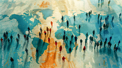 aerial view of an abstract crowd of people, walking on the world map, graphic illustration