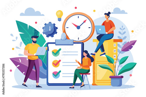 Group of diverse workers standing around a clipboard with a clock, discussing time-sensitive tasks and deadlines, workers are working on deadline tasks, Simple and minimalist flat Vector Illustration