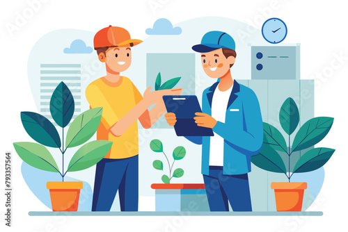 Two men stand next to each other in front of green plants, appearing to have a discussion, Workers consult each other on the job, Simple and minimalist flat Vector Illustration