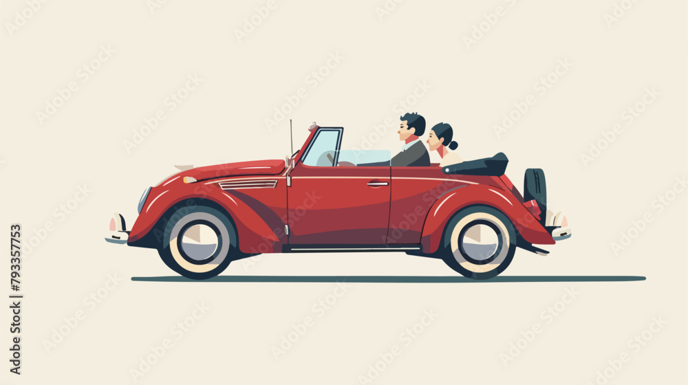 Cabriolet with couple side view . Vector flat style 