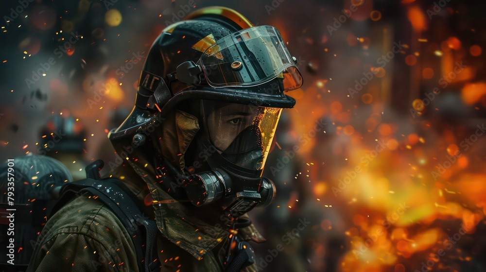 Portrait of fireman wearing a protective uniform with flashlight included standing in a fire station garage and looking sideways Portrait of fireman wearing a protective uniform with flashlight included standing in a fire station garage and looking sideways