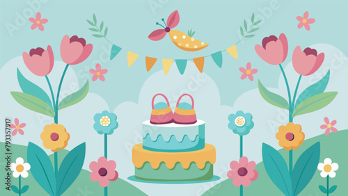 A garden party with a Buds to Blooms theme celebrating the blooming of the babys journey with flower decorations and a cake topped with a tiny