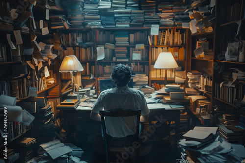 Person sitting amid a cluttered room with towering stacks of books, back facing the camera. photo