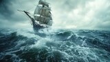 3d render illustration digital painting the ship lies on its side trying to move forward in the stormy sea