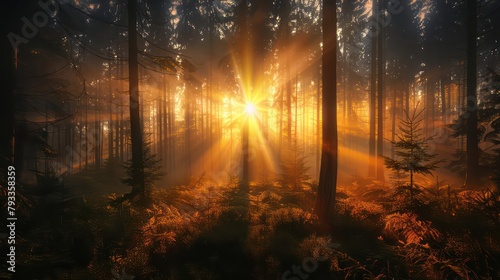 Sunrise in the forest with fog and rays of light