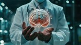doctor holds a projection of the human brain in his hands