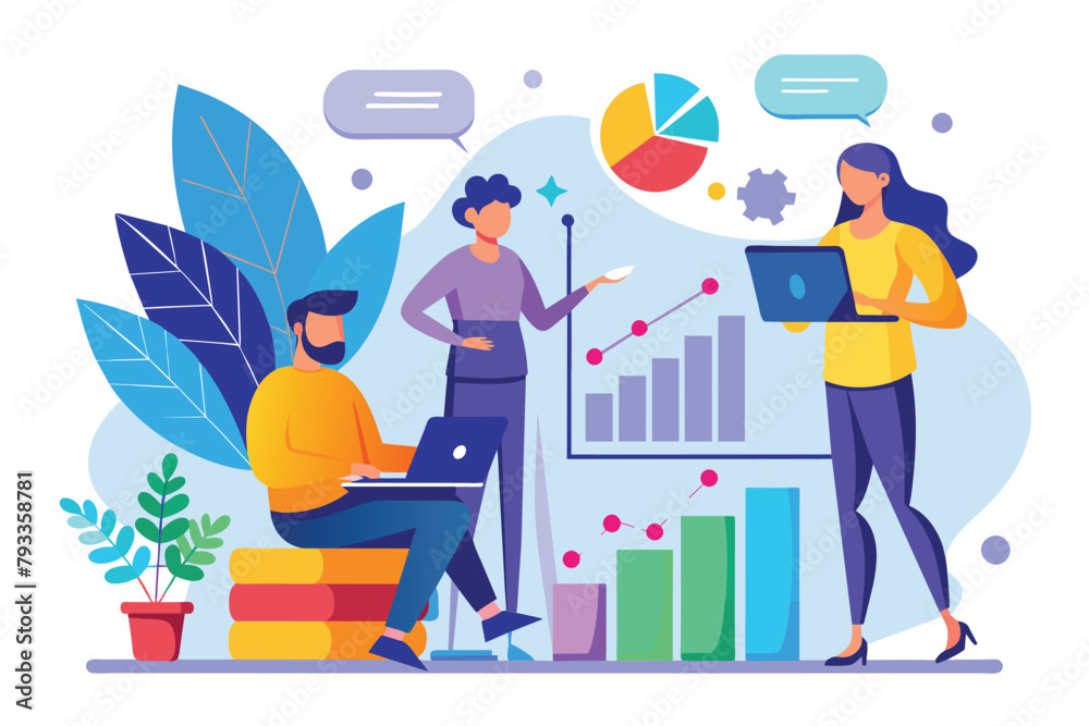 A group of individuals standing around a table, engaging with a laptop, working team, growth chart analysis person conducts meeting, Simple and minimalist flat Vector Illustration