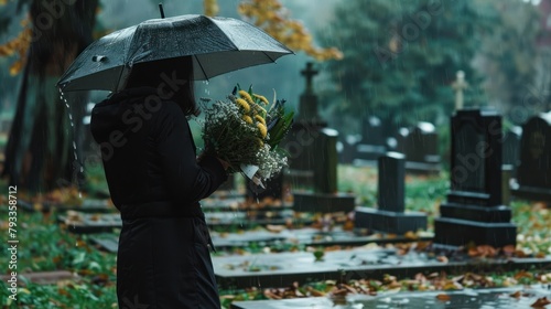 woman in black standing at the grave holding an umbrella, Young woman holding a black umbrella mourning at the cemetery