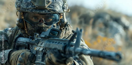 Close-up of a special forces operative in tactical gear aiming his rifle.