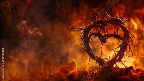 The Sacred Heart, a crown of thorns in the shape of a heart on fire background with copy space