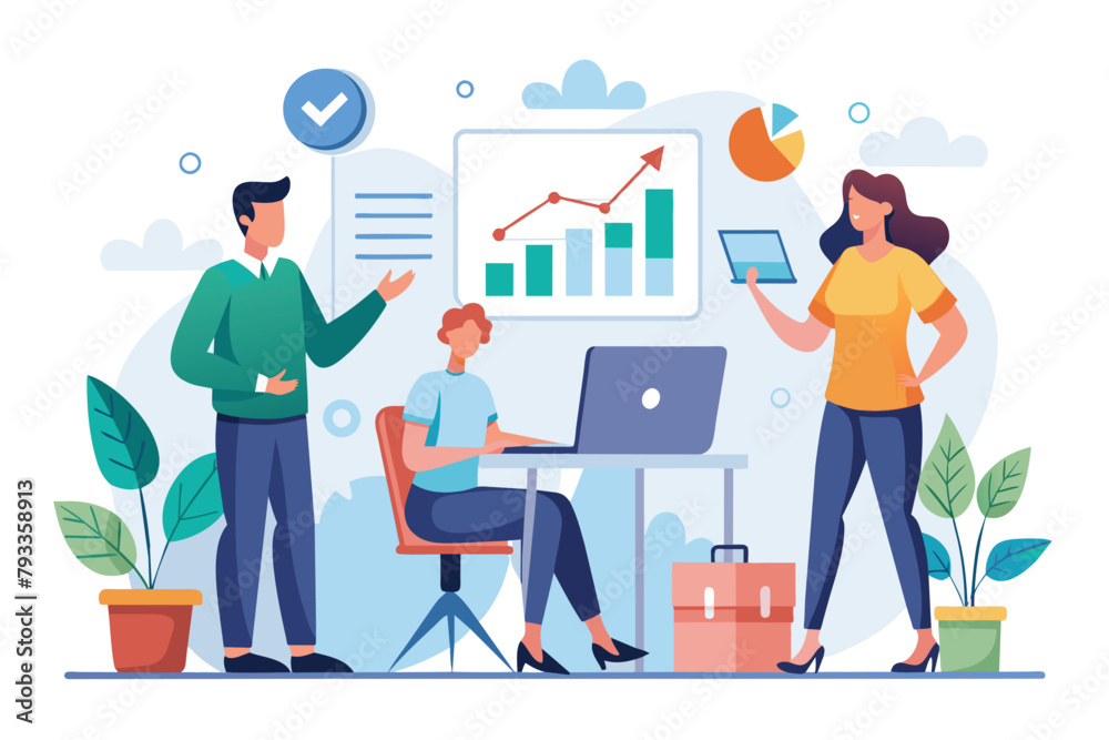 Group of People Discussing Business Strategy With Laptop, working team, growth chart analysis person conducts meeting, Simple and minimalist flat Vector Illustration