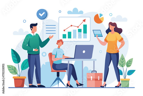 Group of People Discussing Business Strategy With Laptop, working team, growth chart analysis person conducts meeting, Simple and minimalist flat Vector Illustration © Iftikhar alam