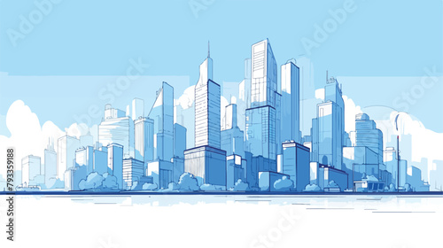Vector thin line city landscape. Panorama urban mod