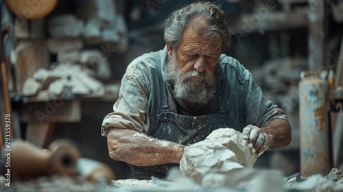 An elderly stonemason intently carves stone, surrounded by tools and stone shavings. photo