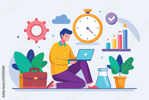 A man sitting on the floor is focused on working on his laptop, working with time constraints, Simple and minimalist flat Vector Illustration