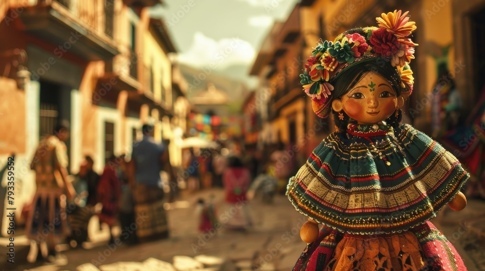 A Mexican rag doll dressed in traditional attire stands proudly amidst a bustling Mexican village