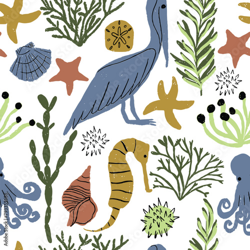 Sea life under water seamless repeat pattern blue, rust, and gold with cream background