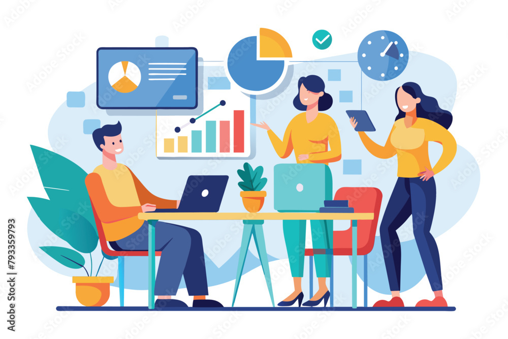 Several individuals are gathered around a table, engaging with a laptop in a collaborative work setting, Work project meetings trending, Simple and minimalist flat Vector Illustration Several individuals are gathered around a table, engaging with a laptop in a collaborative work setting, Work project meetings trending, Simple and minimalist flat Vector Illustration