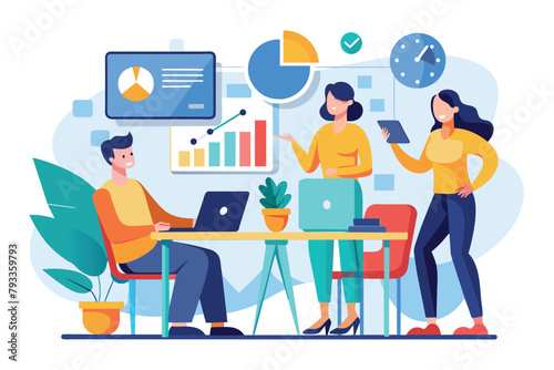 Several individuals are gathered around a table, engaging with a laptop in a collaborative work setting, Work project meetings trending, Simple and minimalist flat Vector Illustration © Iftikhar alam