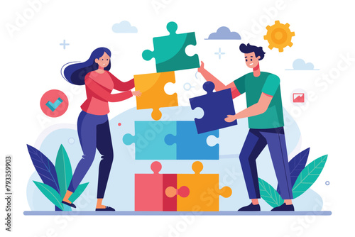 A man and a woman holding puzzle pieces, working together to solve a puzzle, Work together to put together a puzzle trending, Simple and minimalist flat Vector Illustration