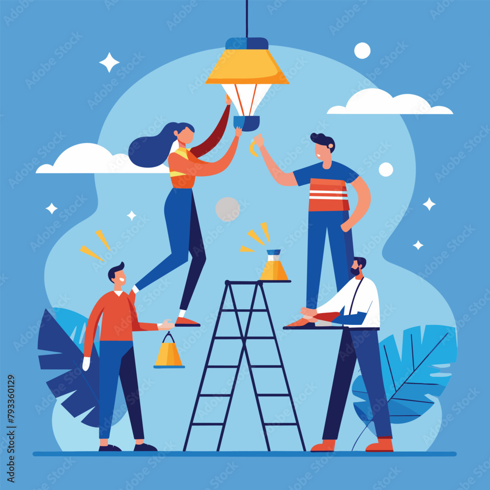 Team of workers fixing lights by standing around a ladder, Work together to repair the lights, Simple and minimalist flat Vector Illustration