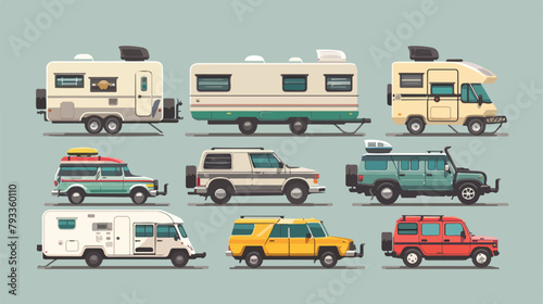 Car and trailers caravan set. Vector flat style illustration