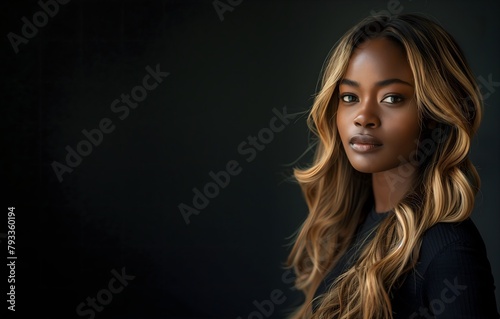 
Fondo negro, oscuro, con retrato de plano medio de dama africana hermosa, ojos marrones, cabello rubio largo y ondulado. Generado con tecnología IA photo