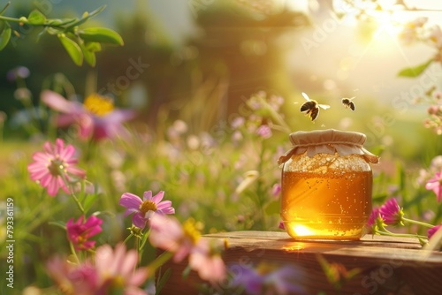 Bees flying over jar of honey under warm sunlight and amidst vibrant summer flowers in lush garden