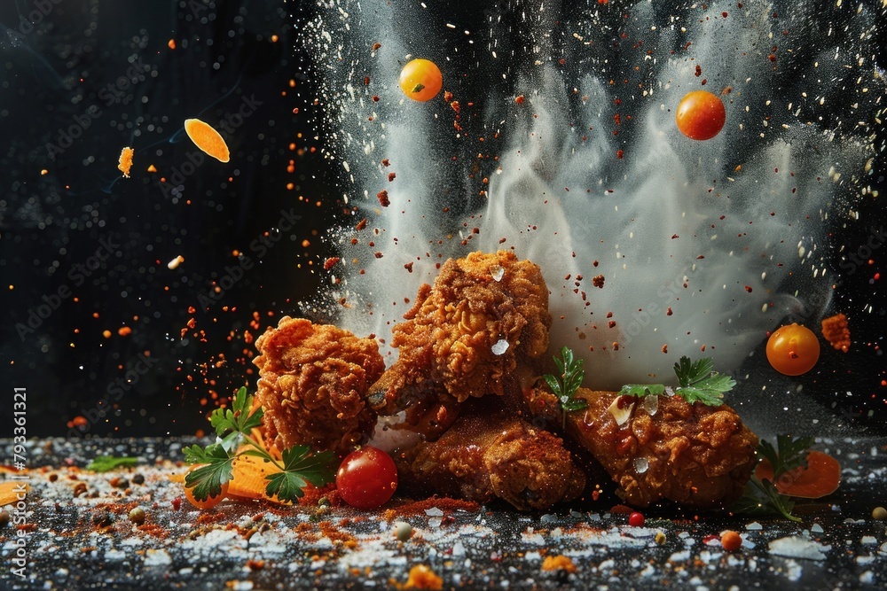 Chicken Explosion Against the black canvas, a feast unfolds – fried chicken juxtaposed ...