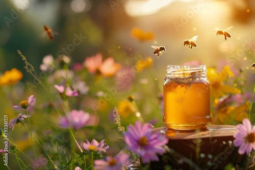 Bees flying over a jar of golden honey in the warm sun among colorful summer flowers