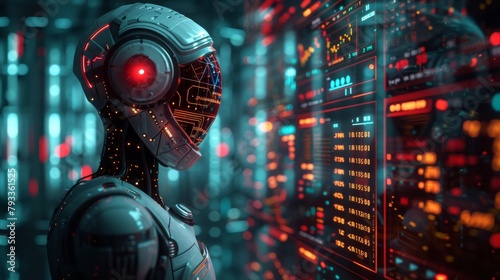 Futuristic robot analyzing data on server panels