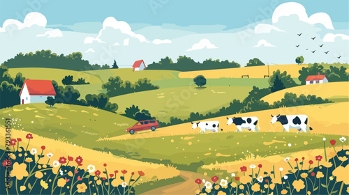 Car on the background summer landscape with village and cows
