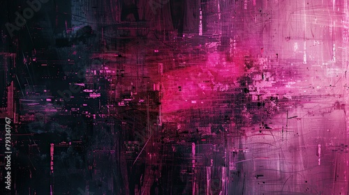abstract graphical glitch texture background wallpaper dark with small amounts of neon pink, with a textured glass overlay for wallpaper --ar 16:9 Job ID: 26d7cb51-7033-4080-92f8-abb9b7bf3703 photo