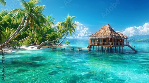 Scenic view of a luxurious overwater bungalow on a tropical island with clear blue waters
