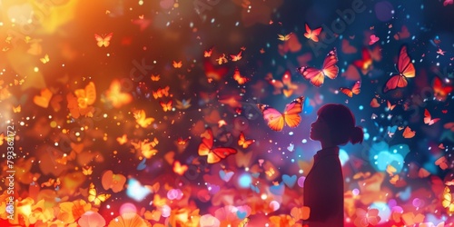A young woman stands gracefully in a meadow surrounded by a multitude of colorful butterflies gently fluttering around her.