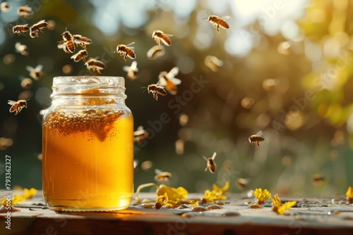 Beautiful honey bees flying over delicious jar of golden honey in natural setting