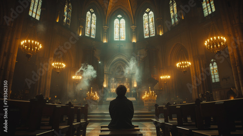 A lone theologian stands contemplatively in a grand, gothic church with sunlight streaming through stained-glass windows. photo