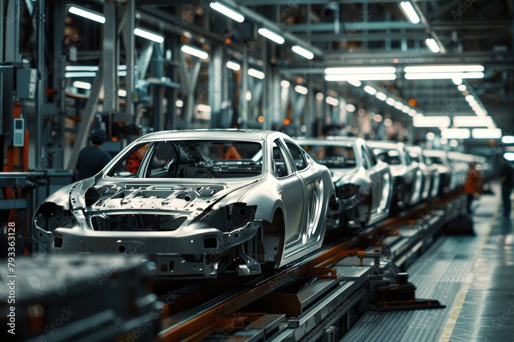 A car factory. The skeletons of the cars are on a conveyor belt.