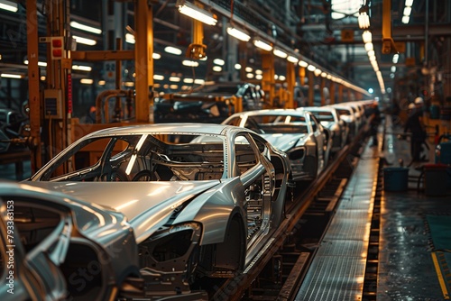 A car factory. The skeletons of the cars are on a conveyor belt. © Firat