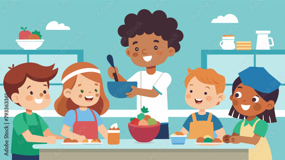 In a classroom a group of children enthusiastically participate in a cooking class learning how to make their own healthy snacks. In a classroom a group of children enthusiastically participate in a cooking class learning how to make their own healthy snacks.