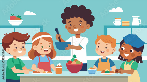 In a classroom a group of children enthusiastically participate in a cooking class learning how to make their own healthy snacks.