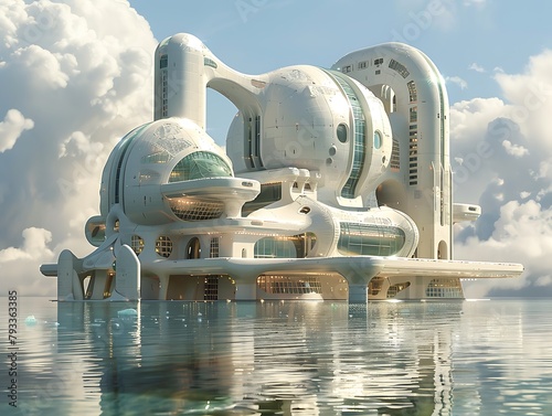 A futuristic building is floating on the water photo