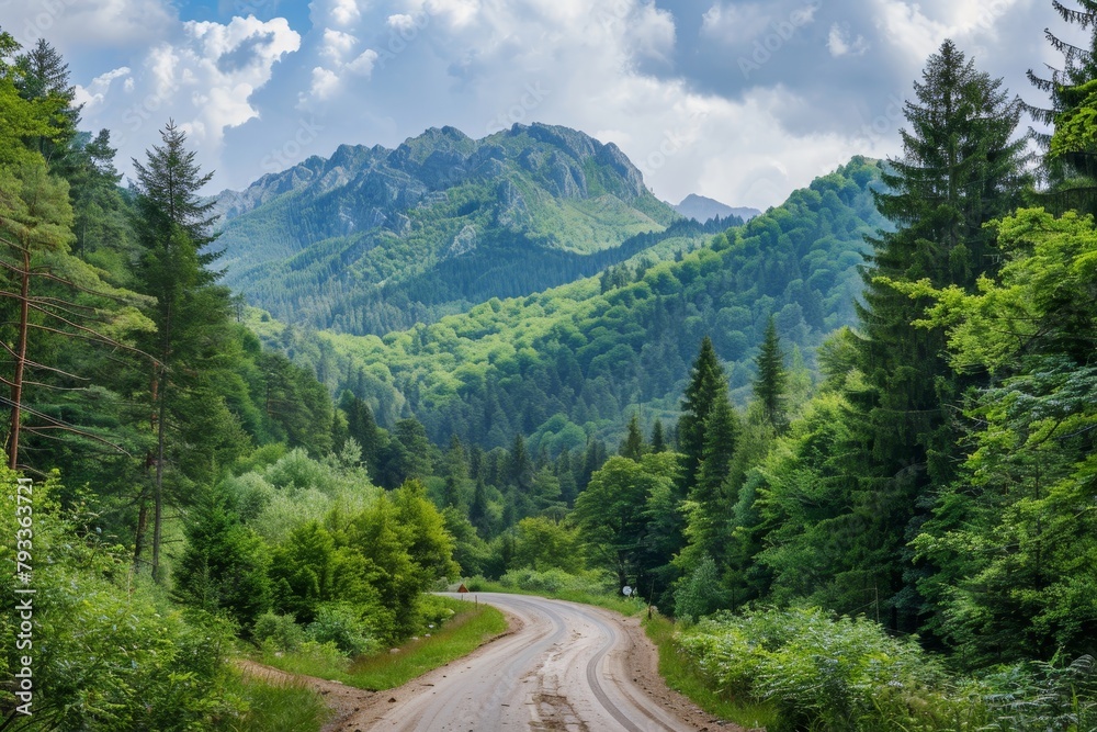 Picturesque forest and mountain landscape. scenic road for tourists exploring nature and adventure