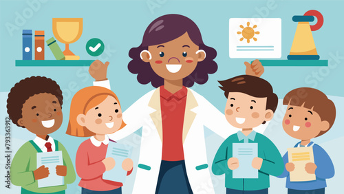 A teacher smiles as she presents a group of elementary students with certificates and Mad Scientist badges congratulating them on their first