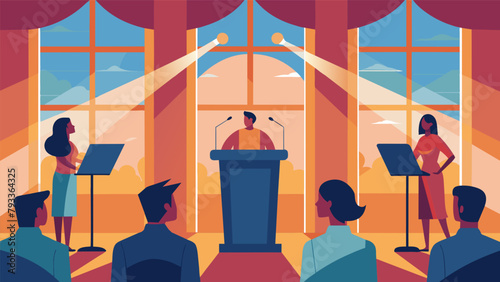 Sunlight filters in through the large windows casting a warm glow on the podium where young poets prepare to share their words.