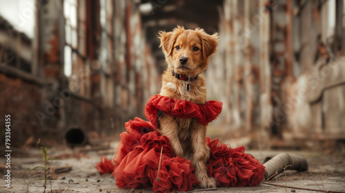 a cute dog poses as a model with a pretty dress